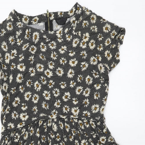 Topshop Womens Black Floral Viscose A-Line Size 6 Round Neck Zip