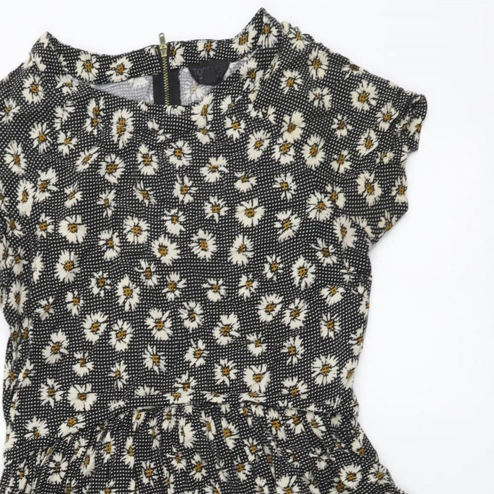 Topshop Womens Black Floral Viscose A-Line Size 6 Round Neck Zip