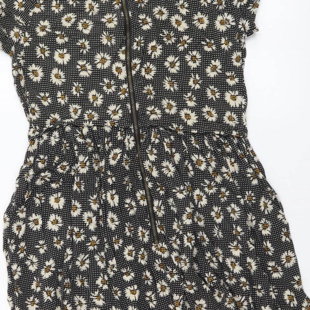 Topshop Womens Black Floral Viscose A-Line Size 6 Round Neck Zip