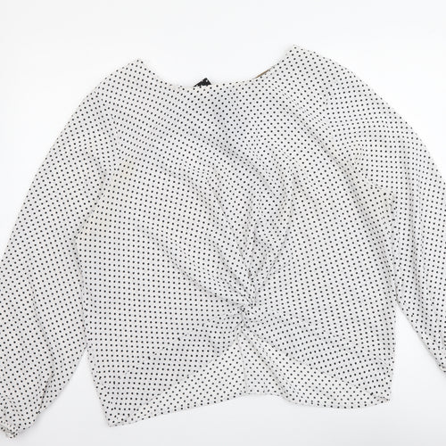 Ashua Womens White Polka Dot Polyester Basic Blouse Size L Round Neck