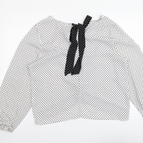 Ashua Womens White Polka Dot Polyester Basic Blouse Size L Round Neck