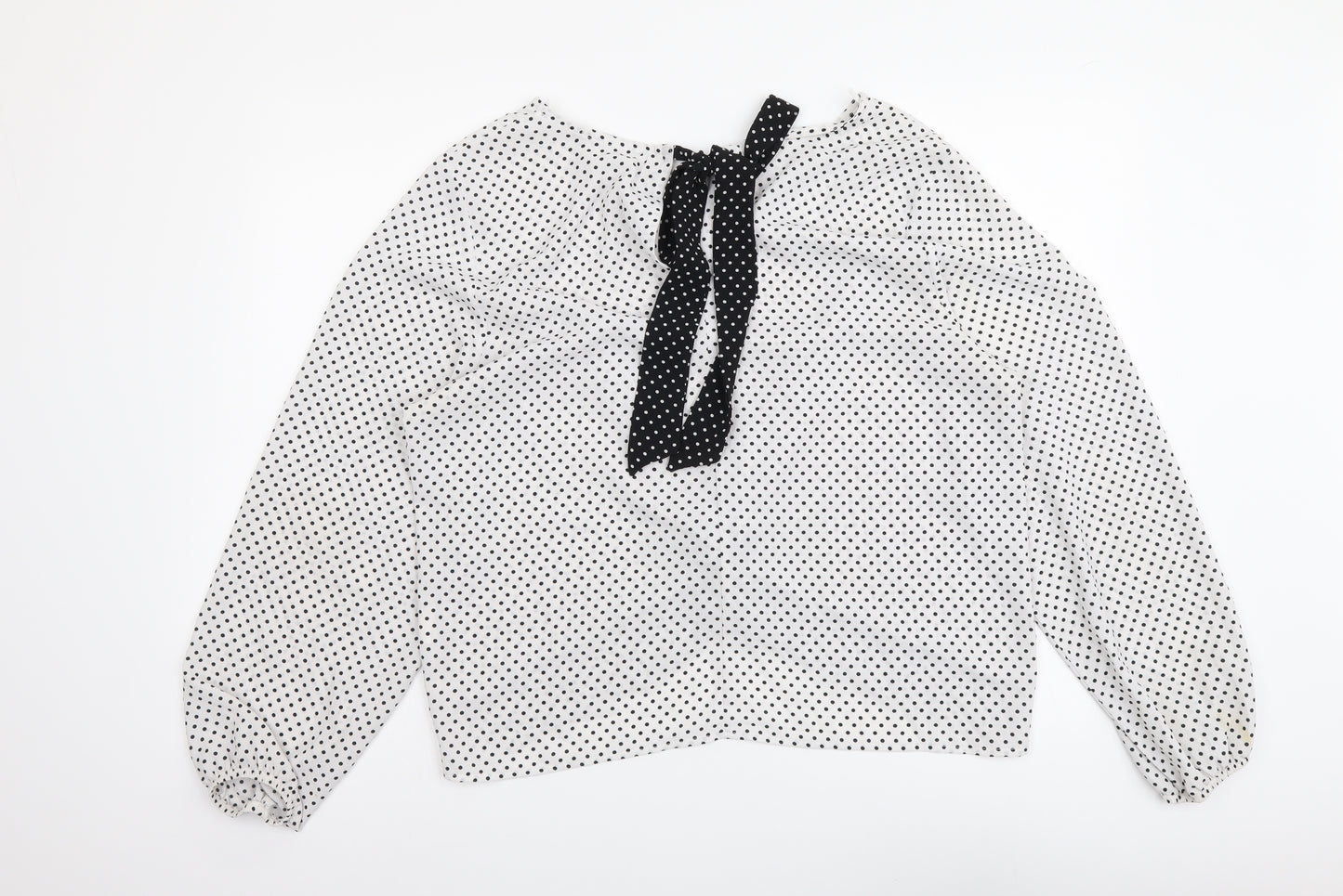 Ashua Womens White Polka Dot Polyester Basic Blouse Size L Round Neck