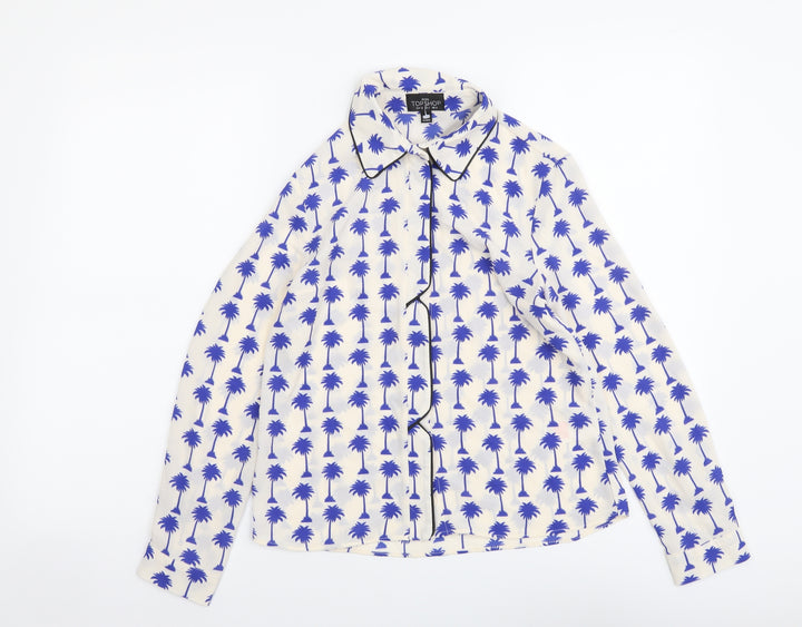 Topshop Womens White Geometric Polyester Basic Button-Up Size 4 Collared - Palm Tree Print