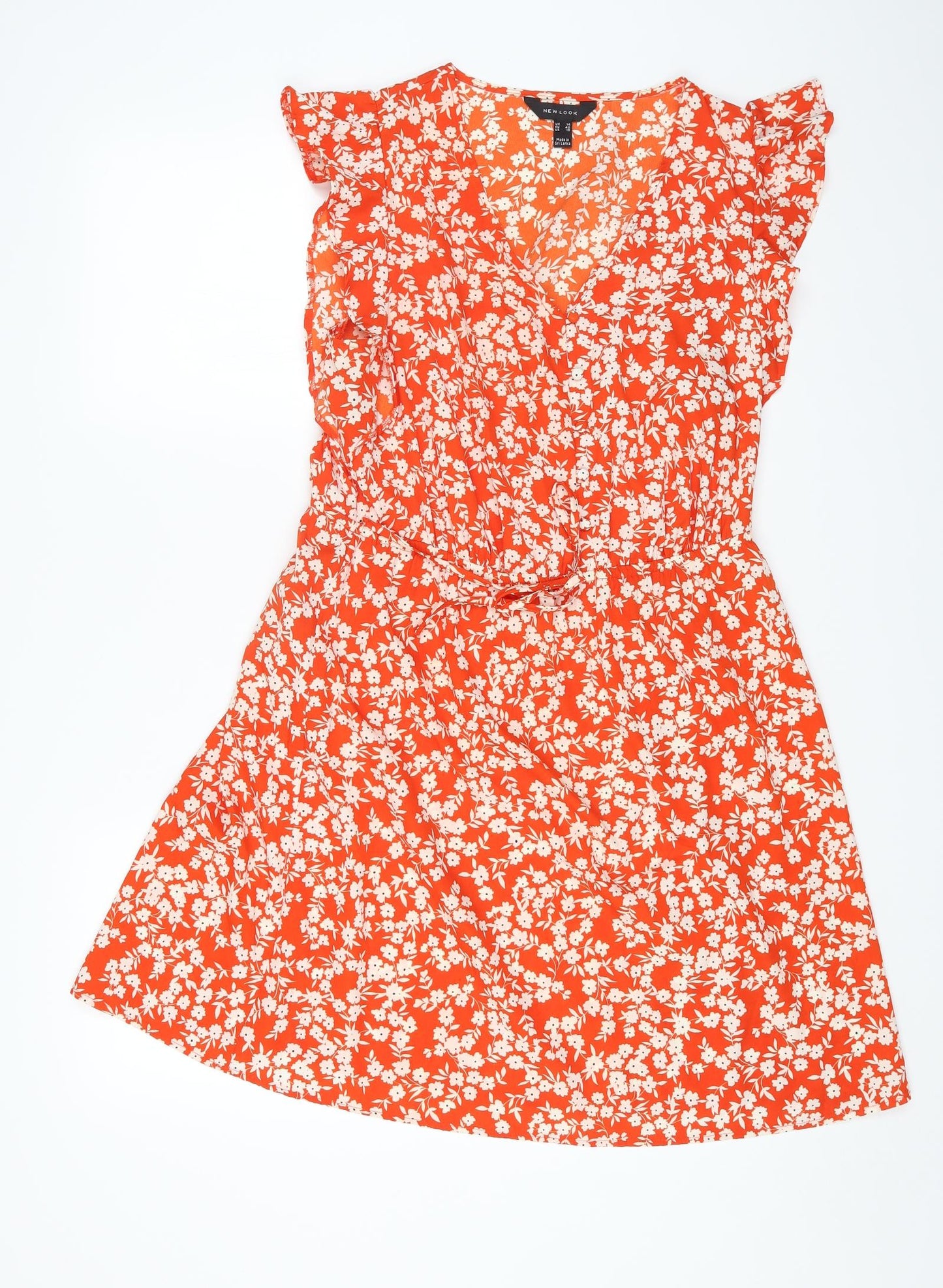 New Look Womens Red Floral Polyester Fit & Flare Size 14 V-Neck Button