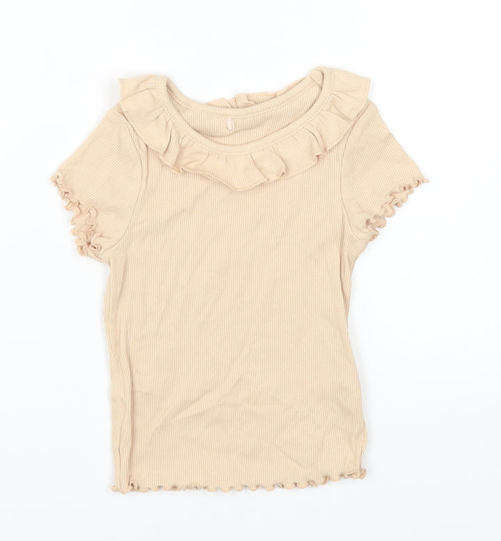 George Girls Beige Cotton Basic T-Shirt Size 12 Months Round Neck Pullover