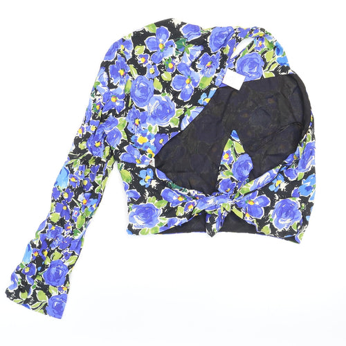 Zara Womens Multicoloured Floral Viscose Cropped Blouse Size L High Neck - Cut-out