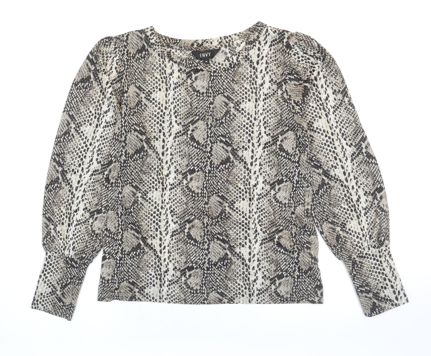 Envy Womens Beige Animal Print Polyester Basic T-Shirt Size 14 Boat Neck - Snakeskin pattern