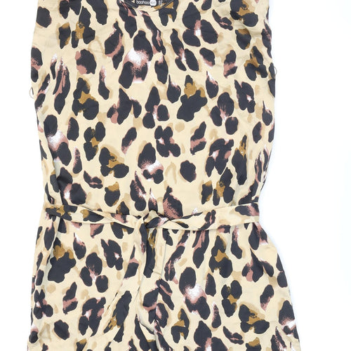 Boohoo Womens Beige Animal Print Polyester Slip Dress Size 12 V-Neck Pullover