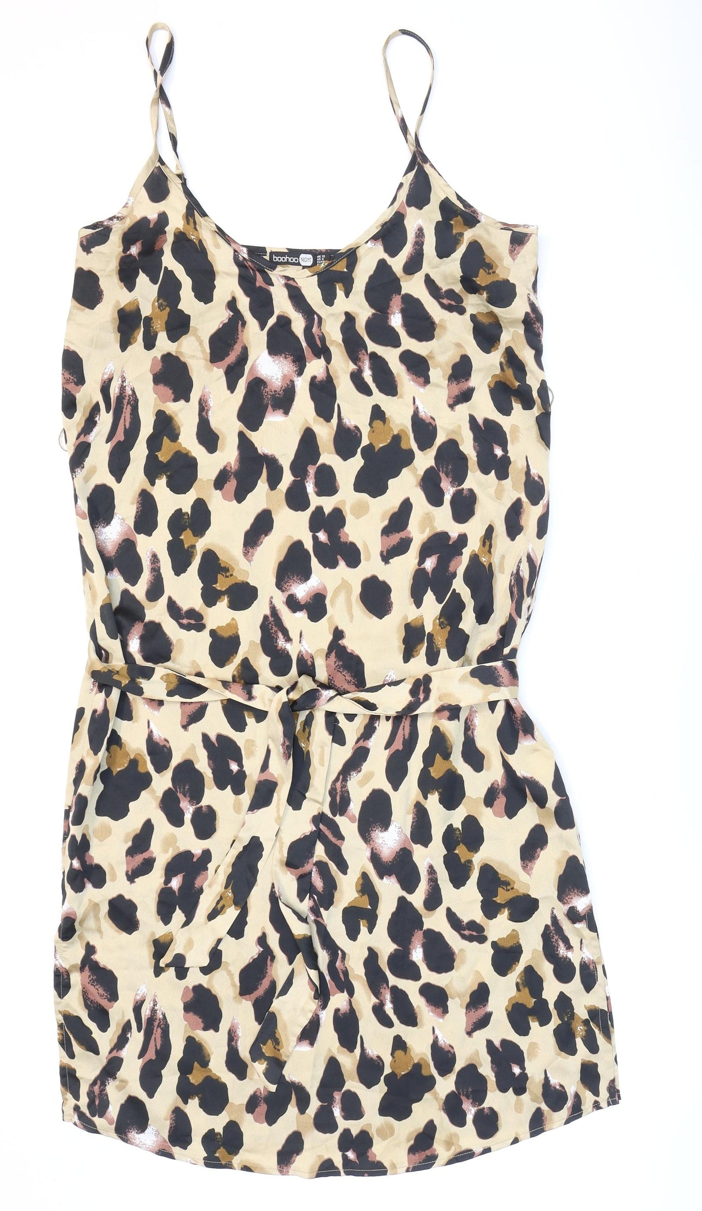 Boohoo Womens Beige Animal Print Polyester Slip Dress Size 12 V-Neck Pullover