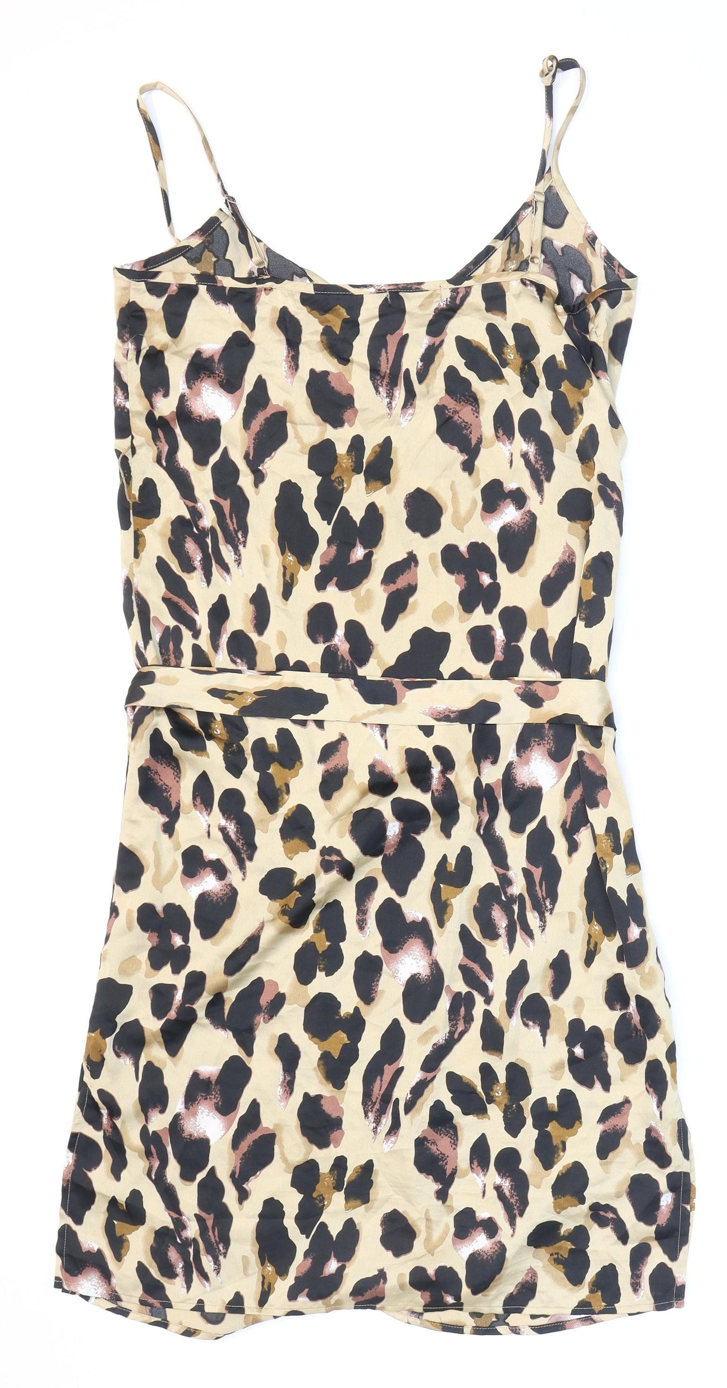 Boohoo Womens Beige Animal Print Polyester Slip Dress Size 12 V-Neck Pullover