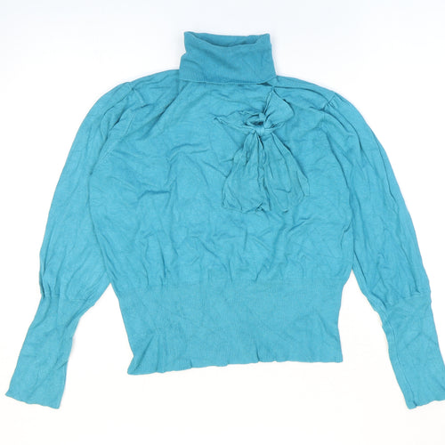 Text Womens Blue Roll Neck Viscose Pullover Jumper Size M - Ribbed