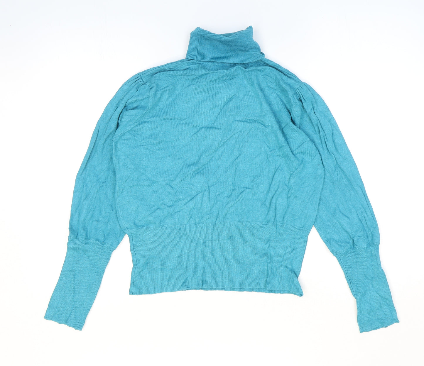 Text Womens Blue Roll Neck Viscose Pullover Jumper Size M - Ribbed