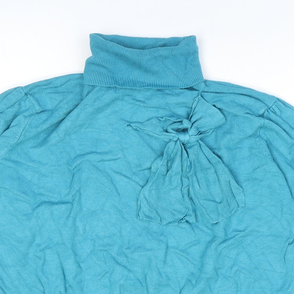 Text Womens Blue Roll Neck Viscose Pullover Jumper Size M - Ribbed