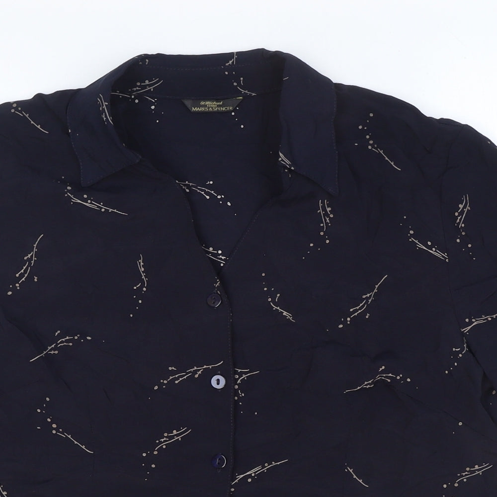 Marks and Spencer Womens Blue Floral Viscose Basic Button-Up Size 14 Collared