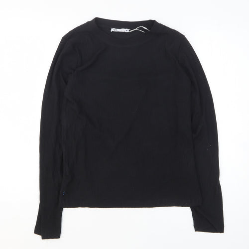 Zara Womens Black Polyester Basic T-Shirt Size S Round Neck