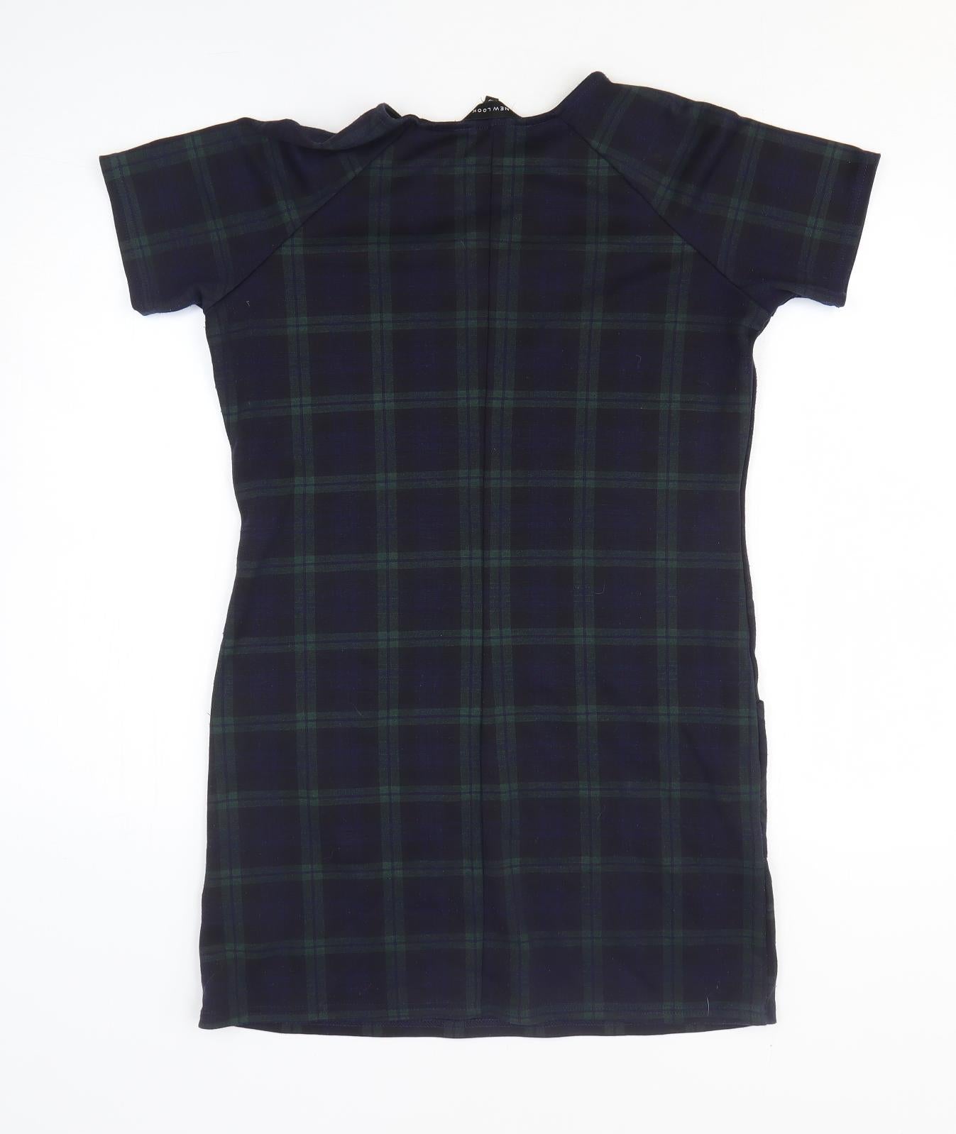 New Look Womens Blue Plaid Polyester Shift Size 10 Round Neck Pullover