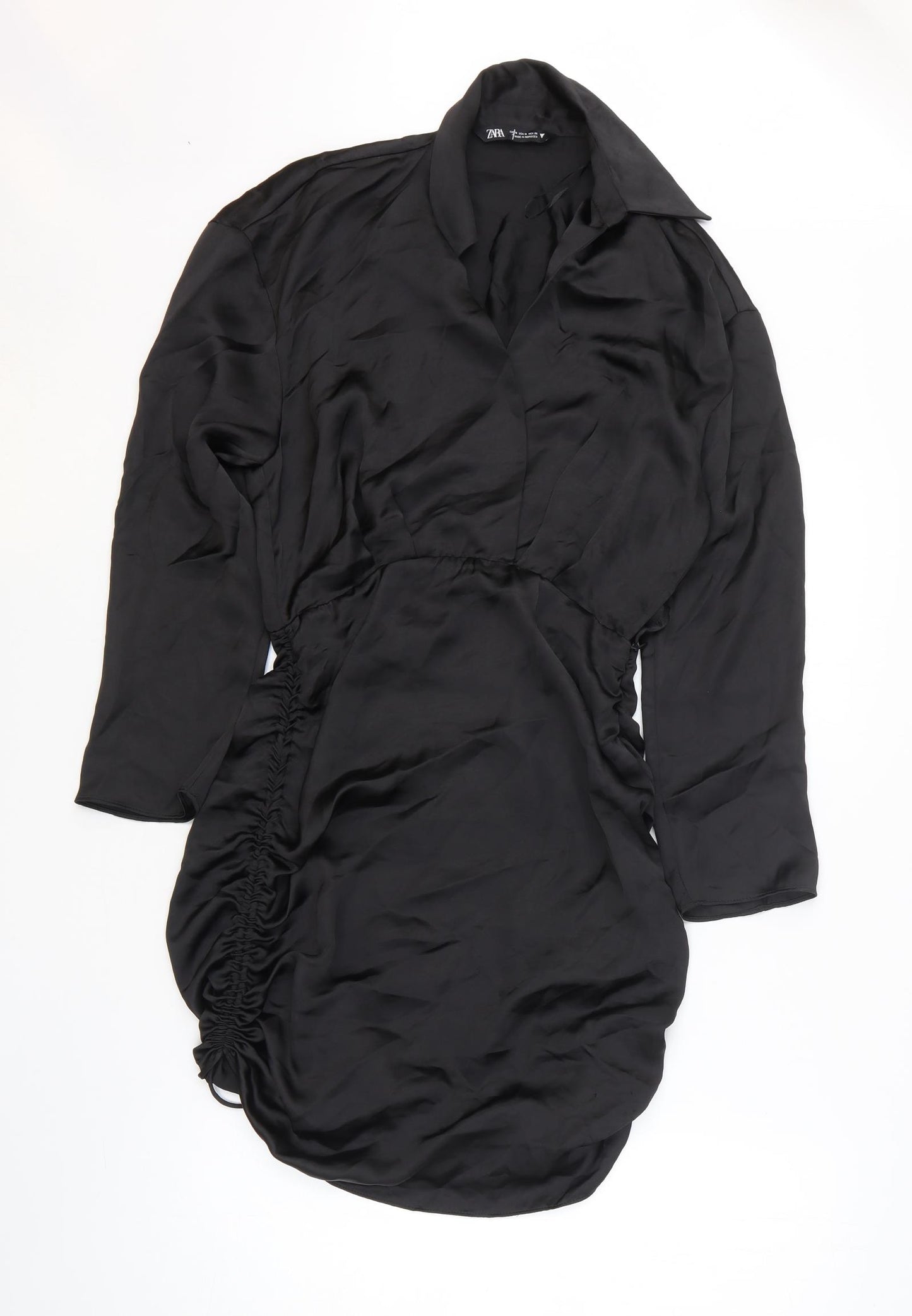 Zara Womens Black Polyester Shirt Dress Size M V-Neck Zip