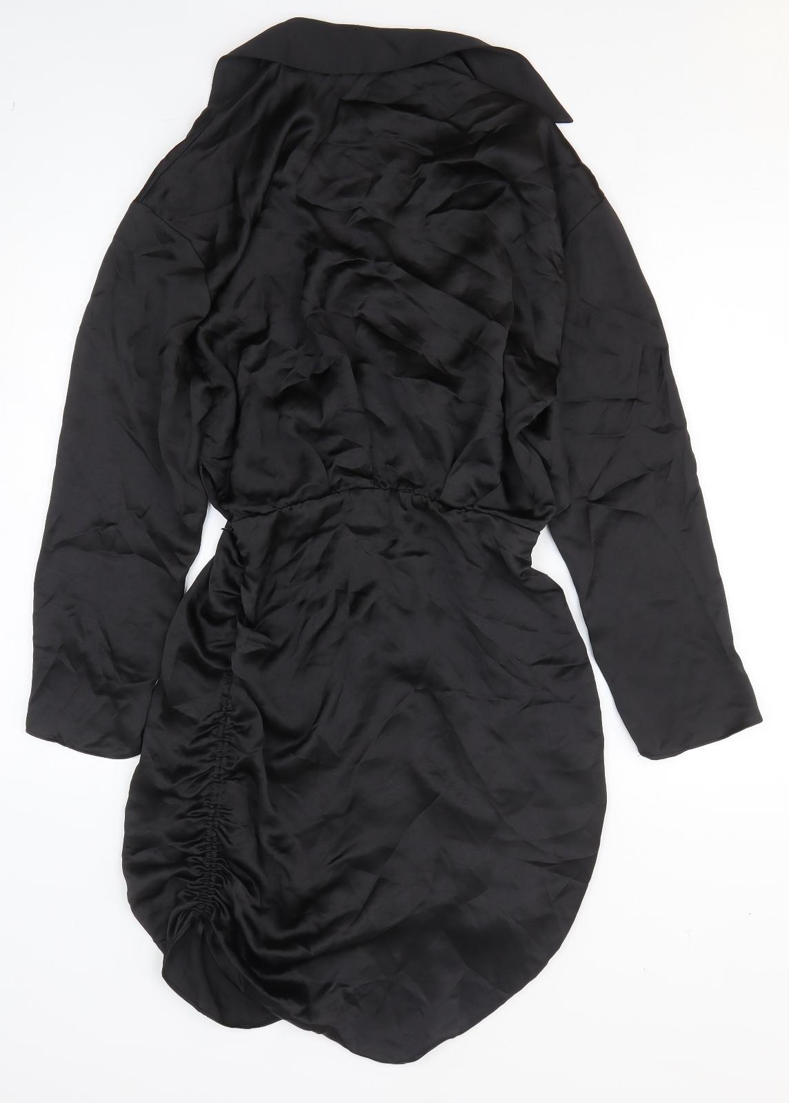 Zara Womens Black Polyester Shirt Dress Size M V-Neck Zip