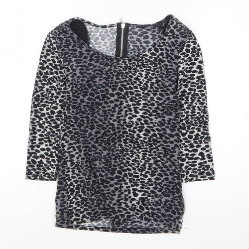 F&F Womens Black Animal Print Cotton Basic T-Shirt Size 10 Boat Neck - Leopard Print