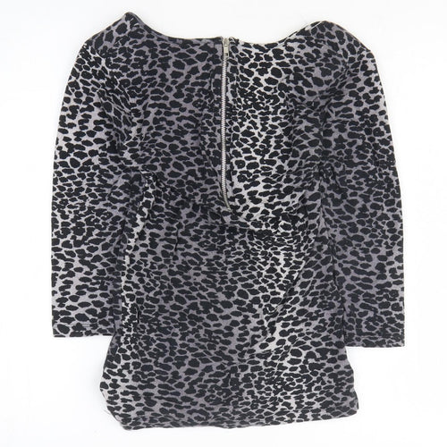F&F Womens Black Animal Print Cotton Basic T-Shirt Size 10 Boat Neck - Leopard Print