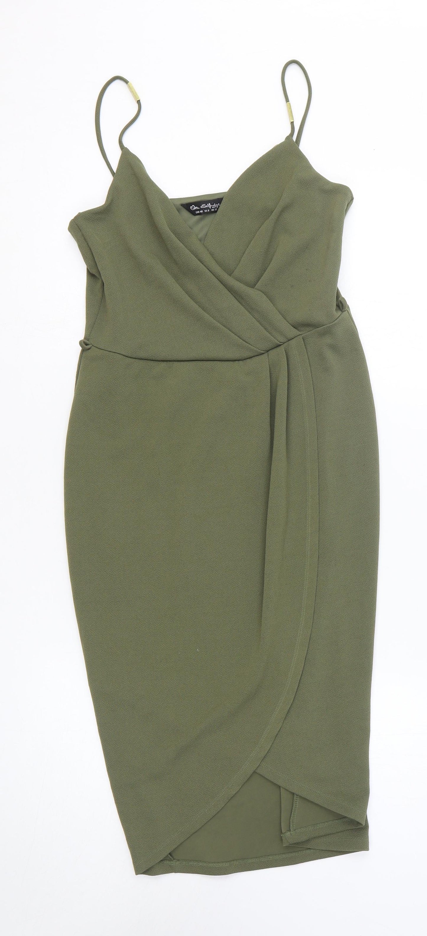 Miss Selfridge Womens Green Polyester Wrap Dress Size 12 V-Neck Pullover