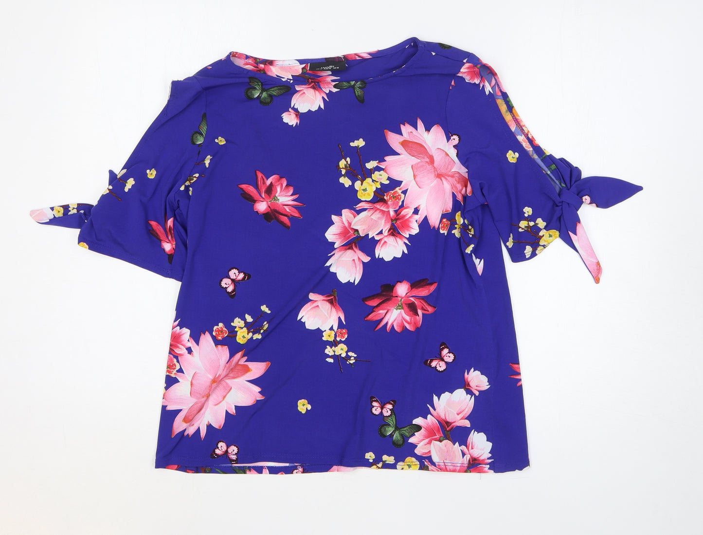 Wallis Womens Blue Floral Polyester Basic T-Shirt Size 14 Round Neck