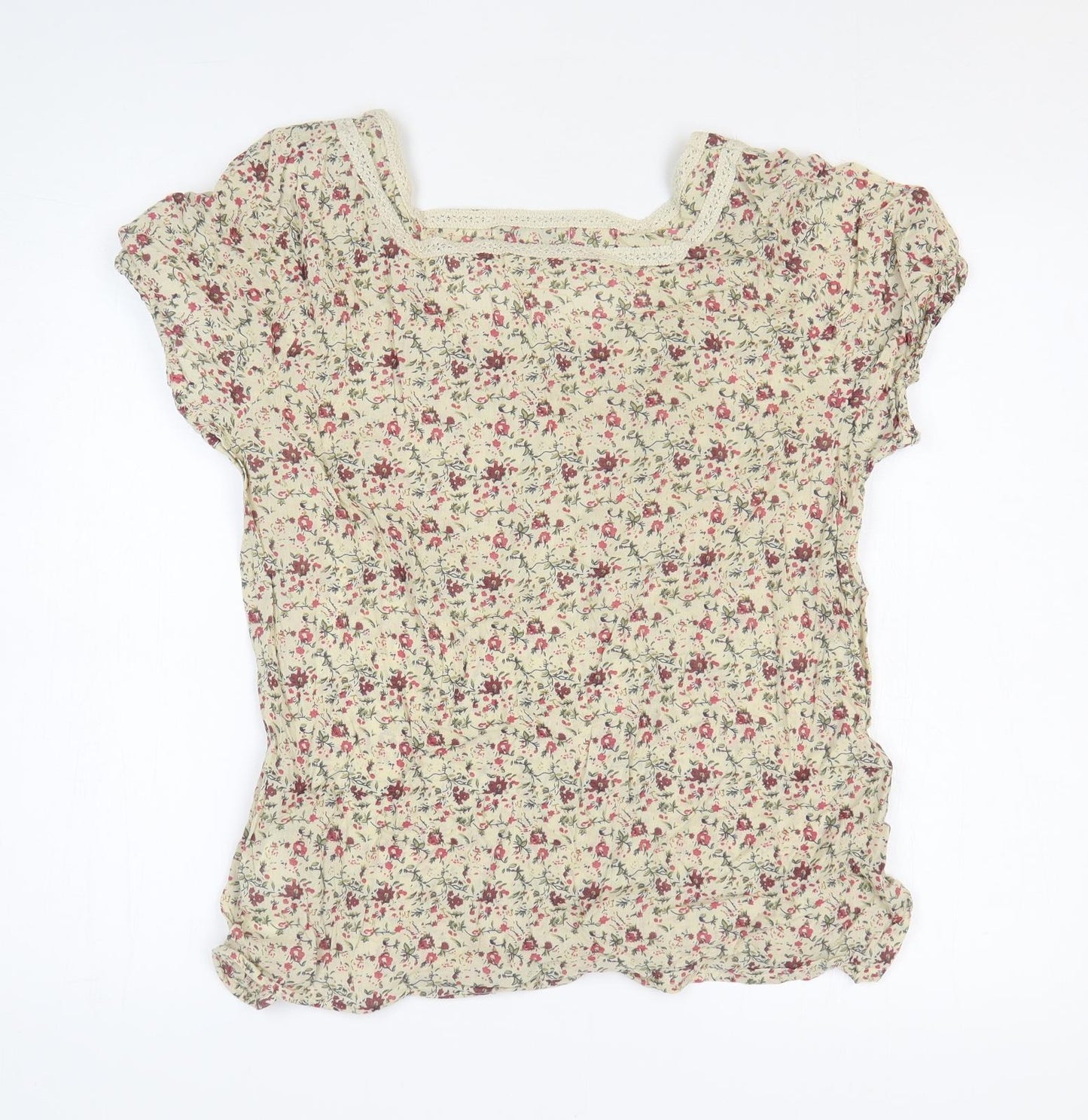 Peacocks Womens Yellow Floral Cotton Basic T-Shirt Size 14 Square Neck