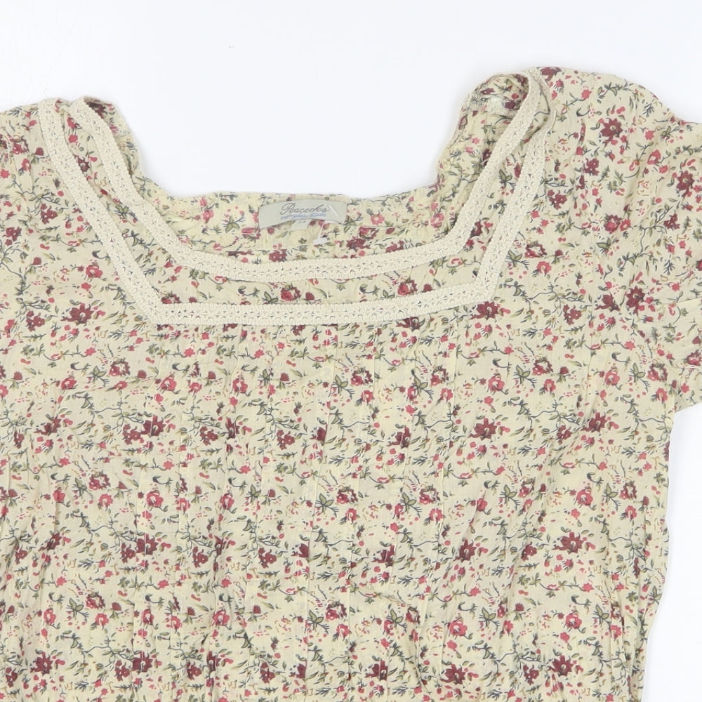 Peacocks Womens Yellow Floral Cotton Basic T-Shirt Size 14 Square Neck