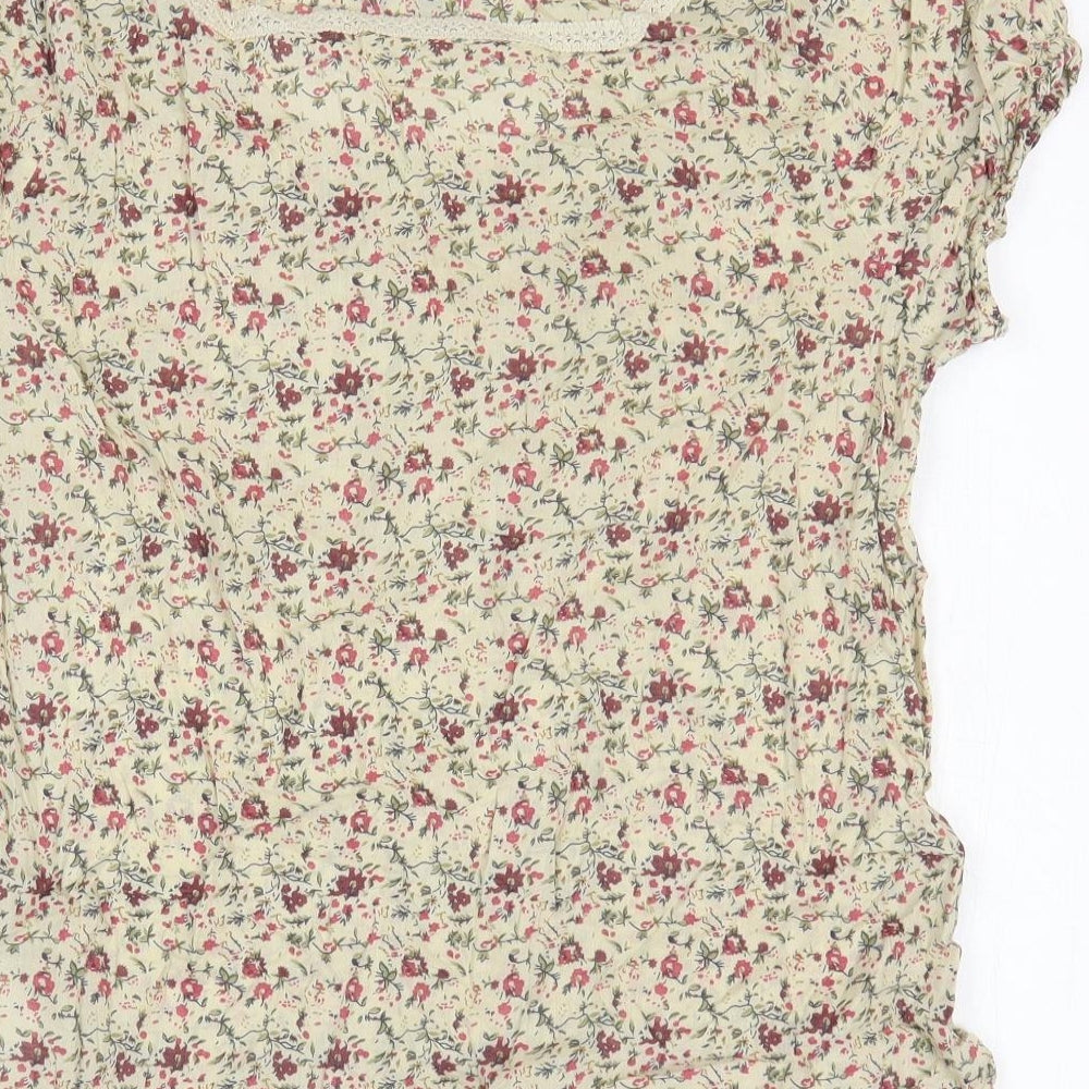 Peacocks Womens Yellow Floral Cotton Basic T-Shirt Size 14 Square Neck