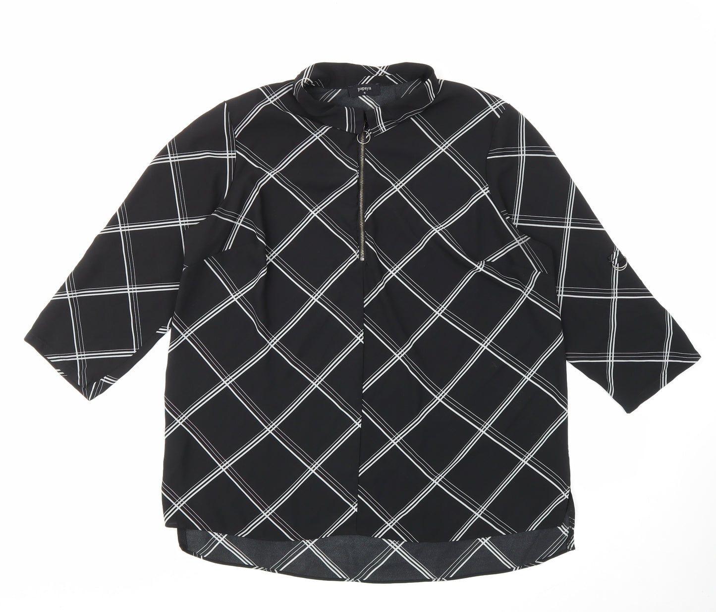 Papaya Womens Black Plaid Polyester Basic Blouse Size 16 Round Neck - plaid black and white