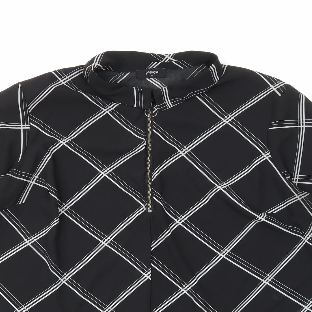 Papaya Womens Black Plaid Polyester Basic Blouse Size 16 Round Neck - plaid black and white
