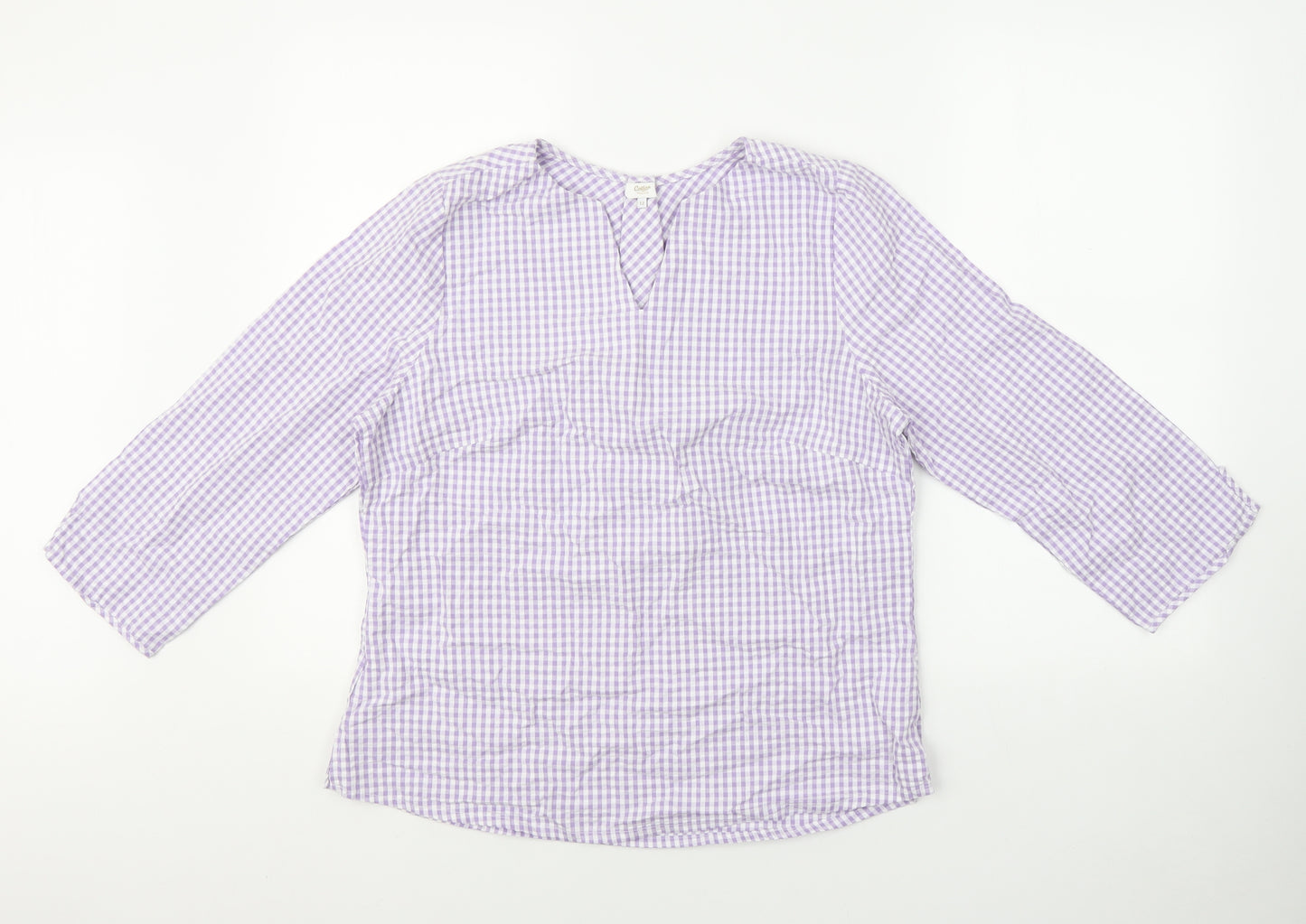 Cotton Traders Womens Purple Check 100% Cotton Jersey Blouse Size 12 V-Neck