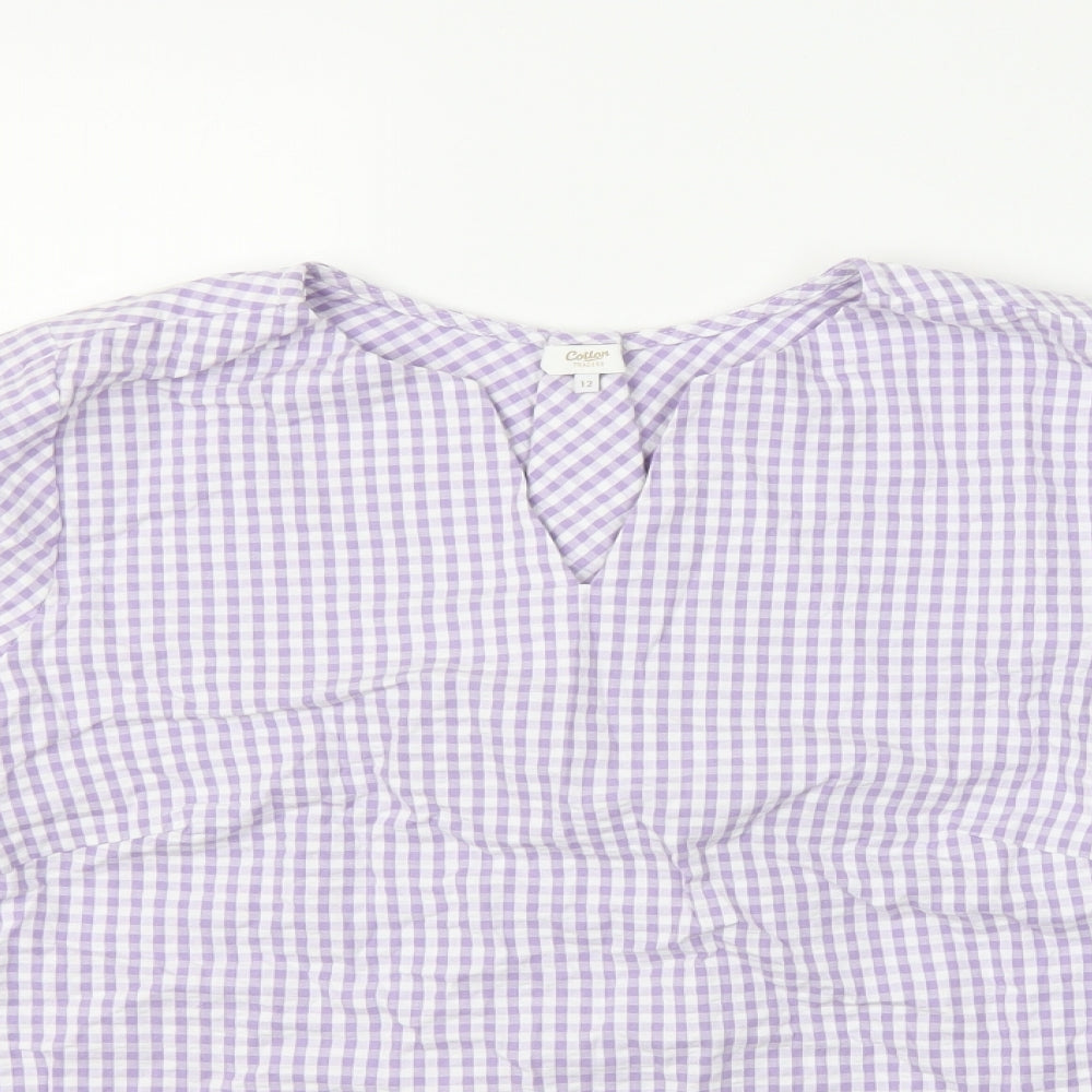 Cotton Traders Womens Purple Check 100% Cotton Jersey Blouse Size 12 V-Neck