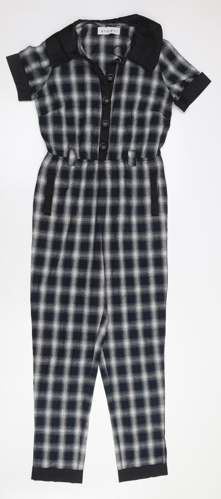 Chelsint Womens Blue Plaid 100% Cotton Jumpsuit One-Piece Size XS Button