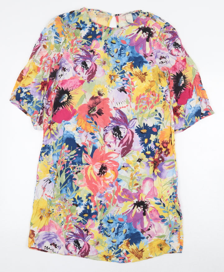 H&M Womens Multicoloured Floral Viscose Sheath Size 8 Boat Neck Button
