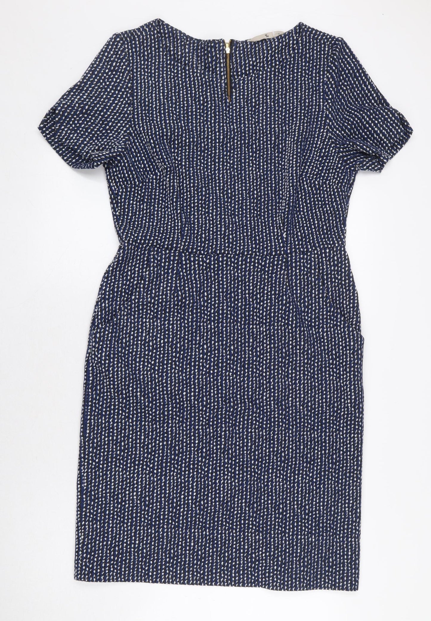 TU Womens Blue Geometric Polyester Pencil Dress Size 12 V-Neck Zip