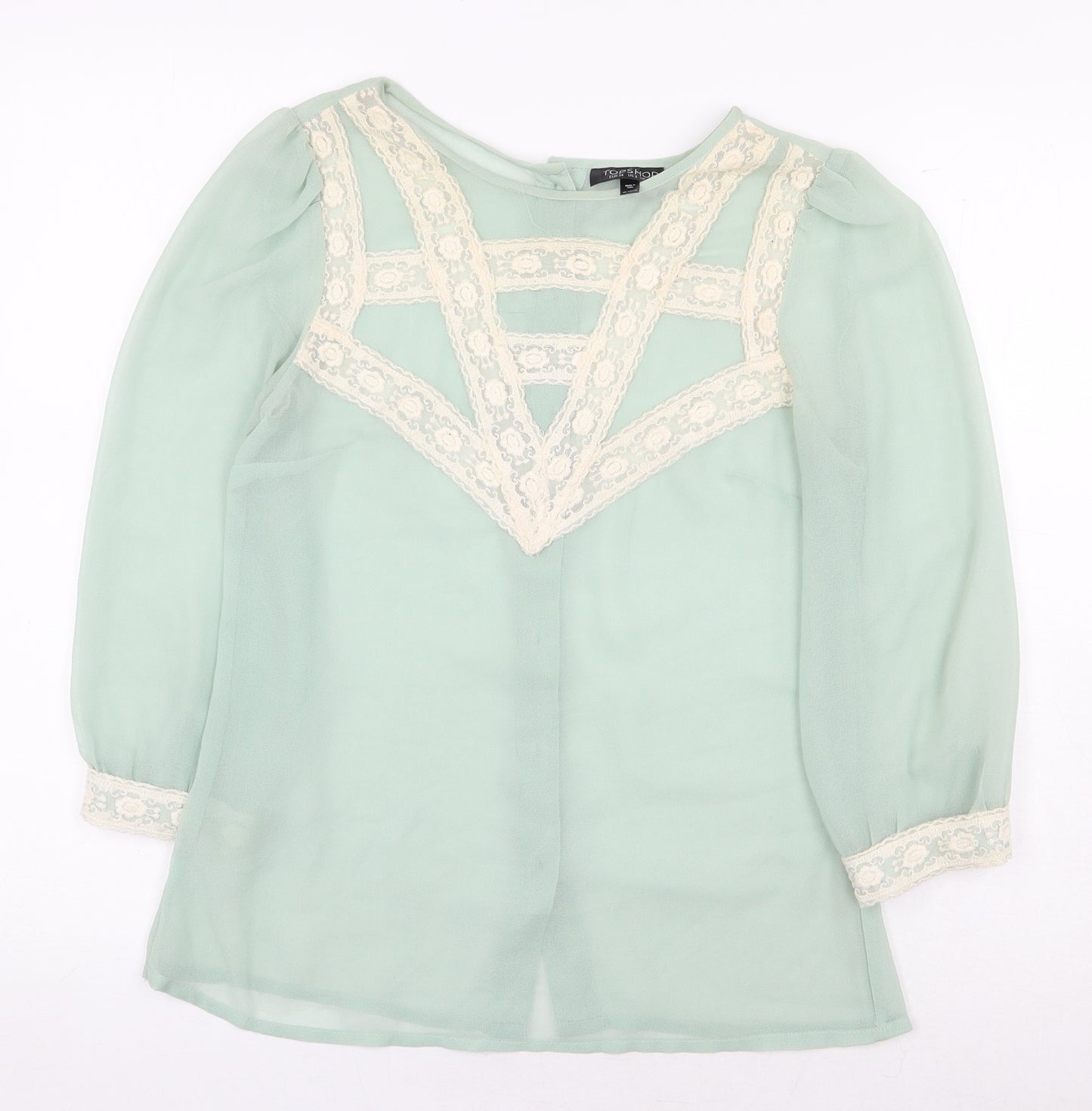 Topshop Womens Green Polyester Basic Blouse Size 6 Boat Neck - Lace Detail