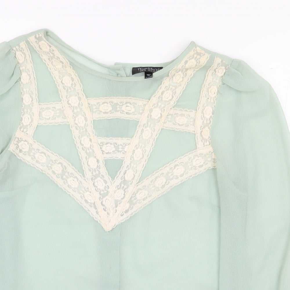 Topshop Womens Green Polyester Basic Blouse Size 6 Boat Neck - Lace Detail