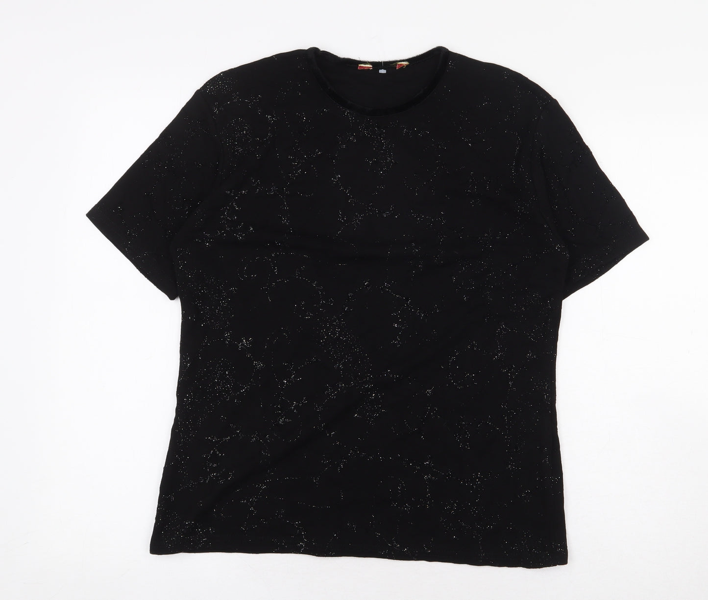 Preworn Womens Black Geometric Viscose Basic T-Shirt Size L Round Neck
