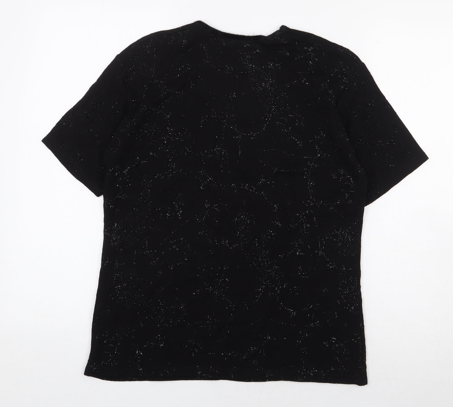 Preworn Womens Black Geometric Viscose Basic T-Shirt Size L Round Neck