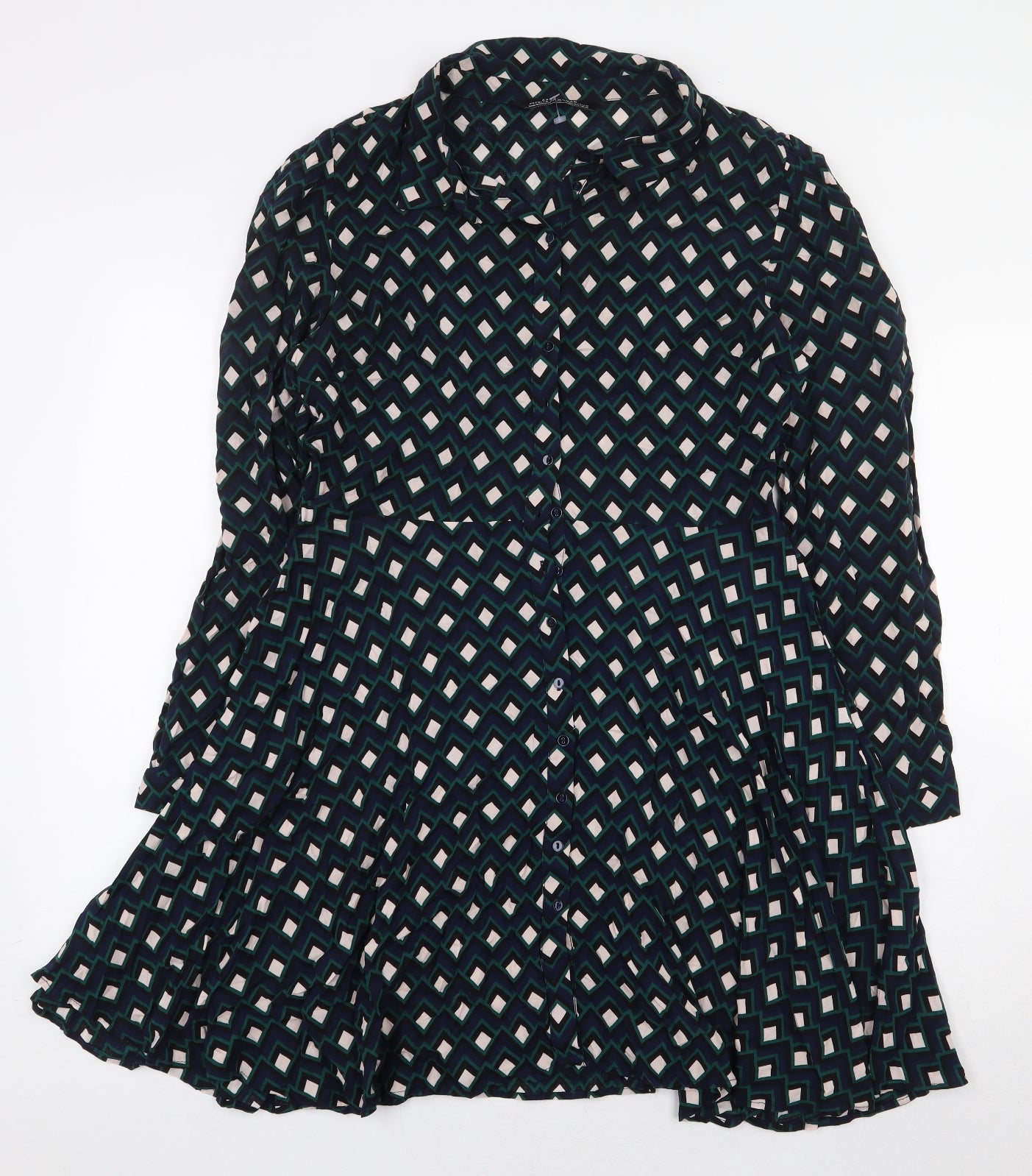 Zara Womens Multicoloured Geometric Viscose A-Line Size L Collared Button