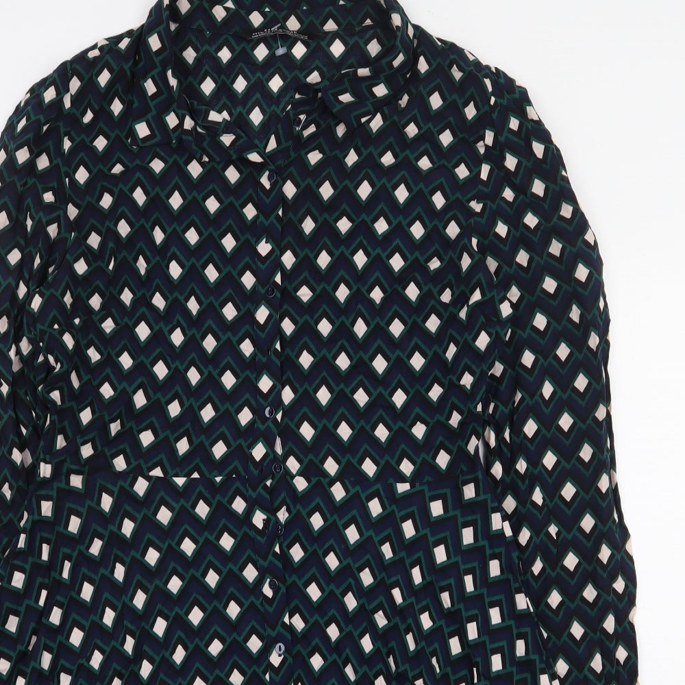Zara Womens Multicoloured Geometric Viscose A-Line Size L Collared Button