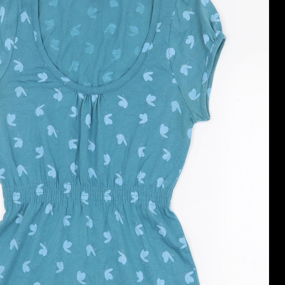 New Look Womens Blue Geometric Cotton Basic T-Shirt Size 8 Scoop Neck - Butterfly