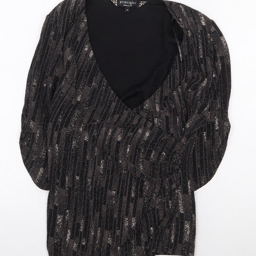 Principles Womens Brown Geometric Nylon Basic Blouse Size 10 V-Neck