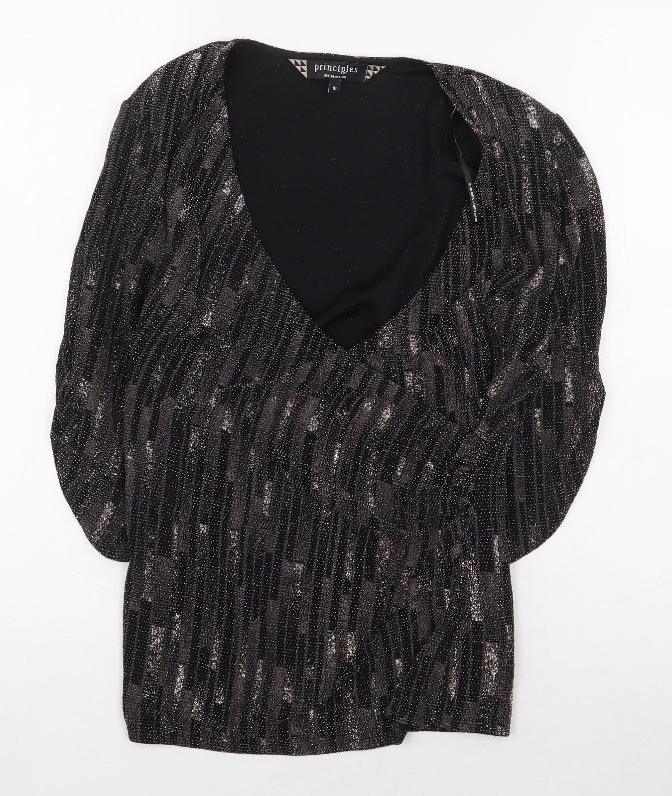 Principles Womens Brown Geometric Nylon Basic Blouse Size 10 V-Neck