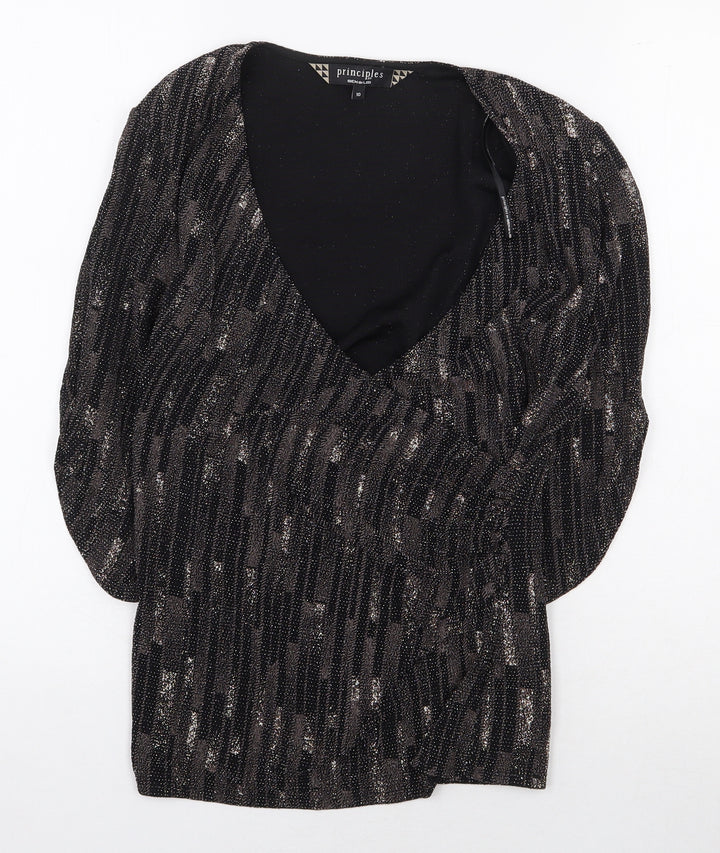 Principles Womens Brown Geometric Nylon Basic Blouse Size 10 V-Neck