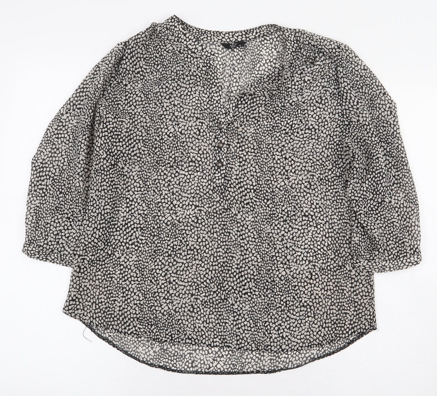 M&Co Womens Grey Animal Print Polyester Basic Blouse Size 14 V-Neck