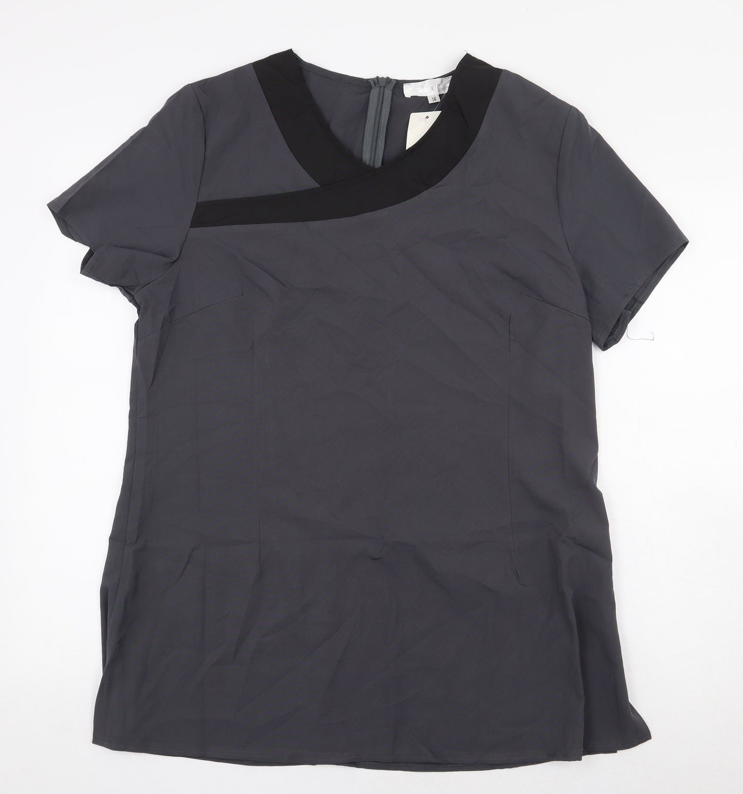 Paris Womens Grey Polyester Basic Blouse Size 16 V-Neck