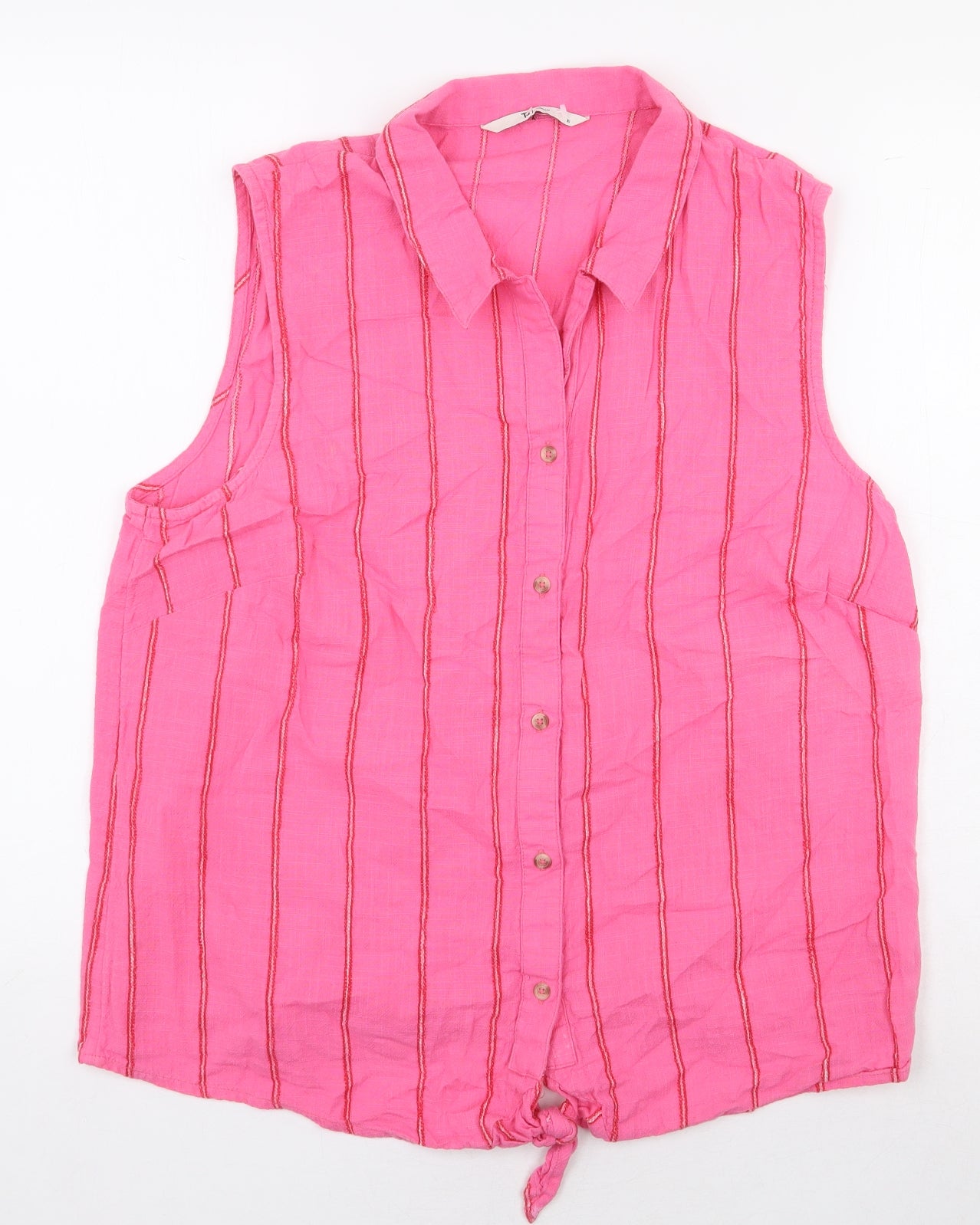 TU Womens Pink Striped 100% Cotton Basic Button-Up Size 16 Collared - Tie Front