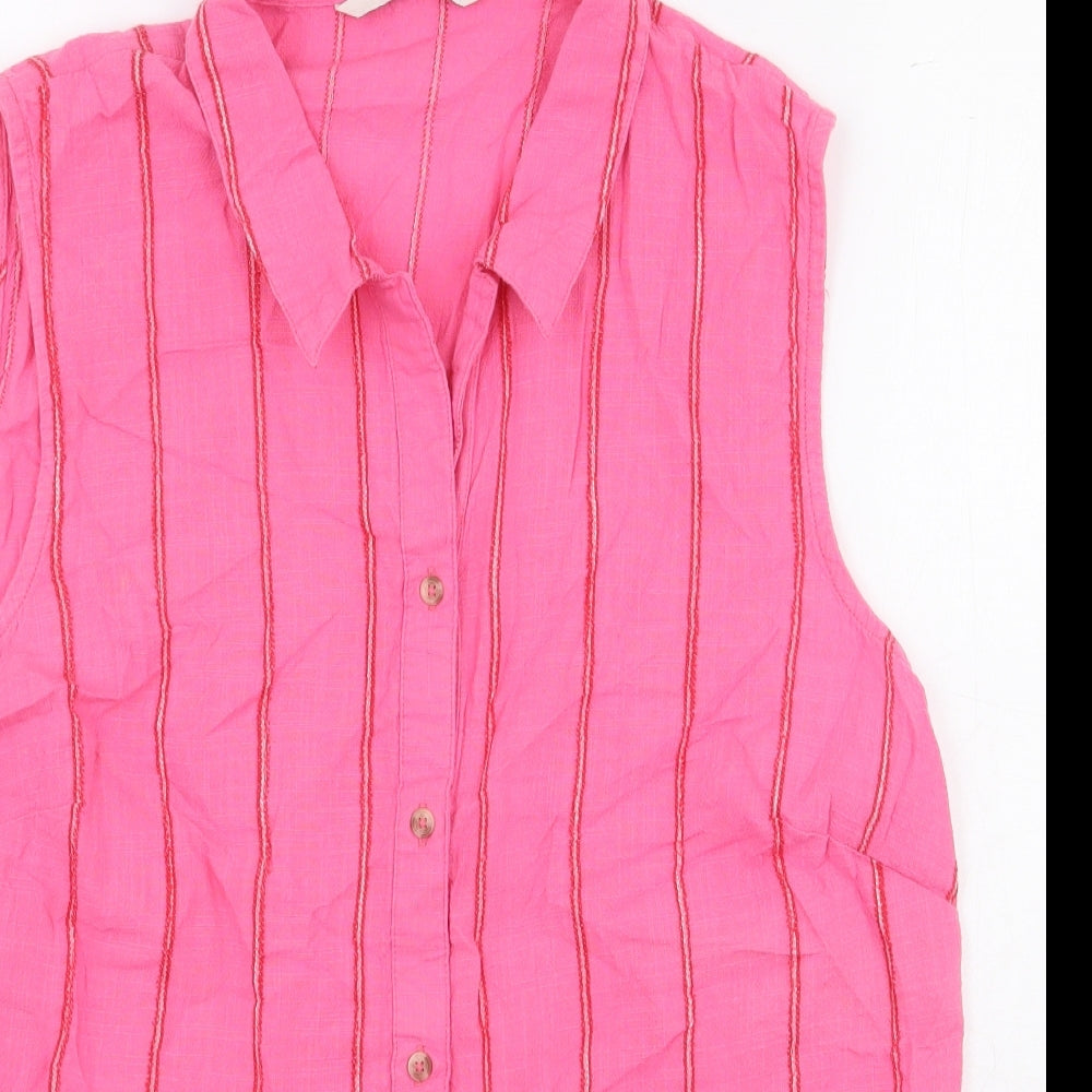 TU Womens Pink Striped 100% Cotton Basic Button-Up Size 16 Collared - Tie Front